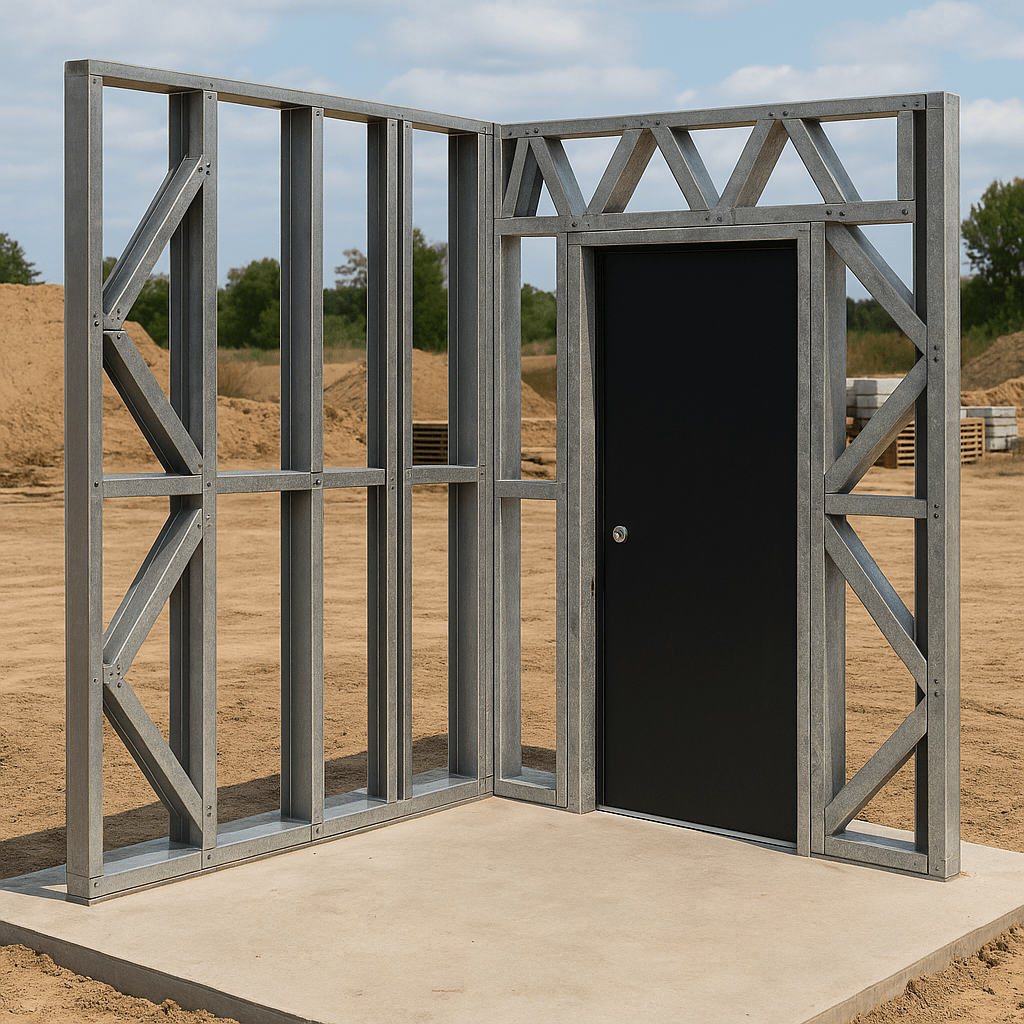 Innovative Living Design Modular Wall - 8x8ft with 2.6x6.8 ft centered Door - 16" simple studs spacing - Ga. 20, Grade 50 Galvanized Steel