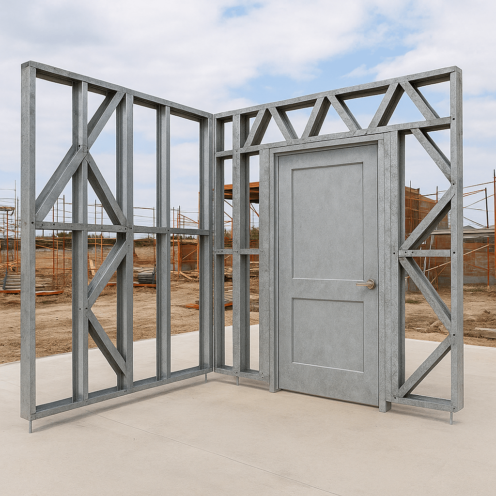 Innovative Living Design Modular Wall - 8x8ft with 3x6.6 ft non centered Door - 16" simple studs spacing - Ga. 20, Grade 50 Galvanized Steel